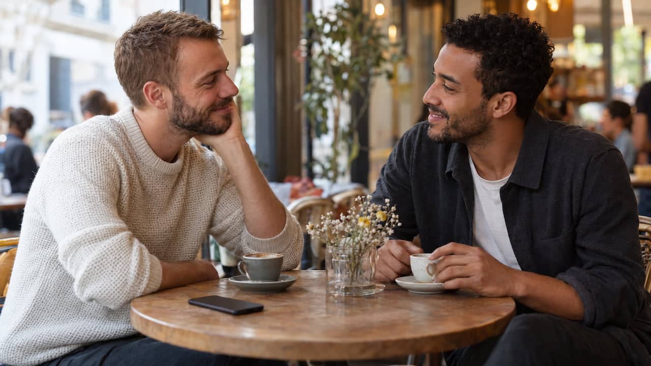 Deux hommes échangent un regard complice autour d’un café